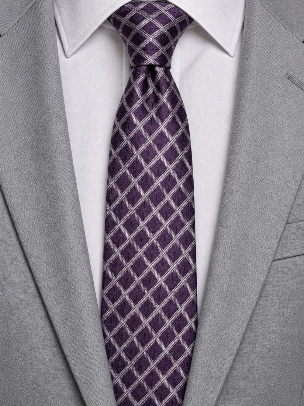Arrow Purple Silver Diamond Lattice 100% Silk Neck Tie Men's OS